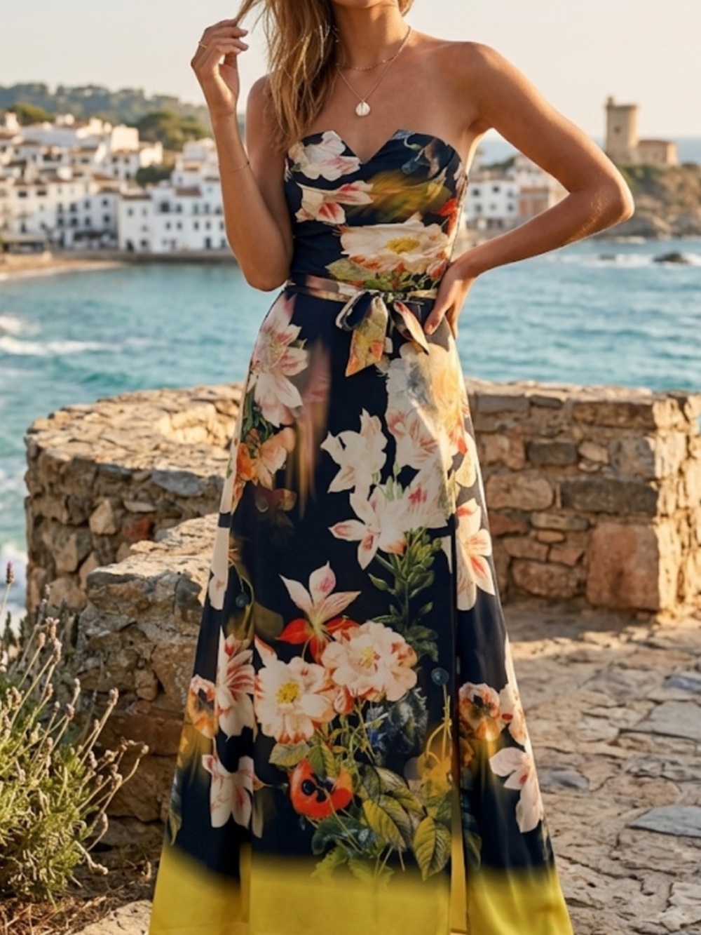 Ted Baker London Botanical Garden Strapless Gown Yellow Hem Detail Size 0 - Picture 2 of 12